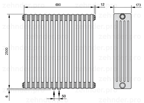 Схема (чертеж) Радиатор Zehnder Charleston 5250/15 №3470 Белый глянцевый RAL 9016
